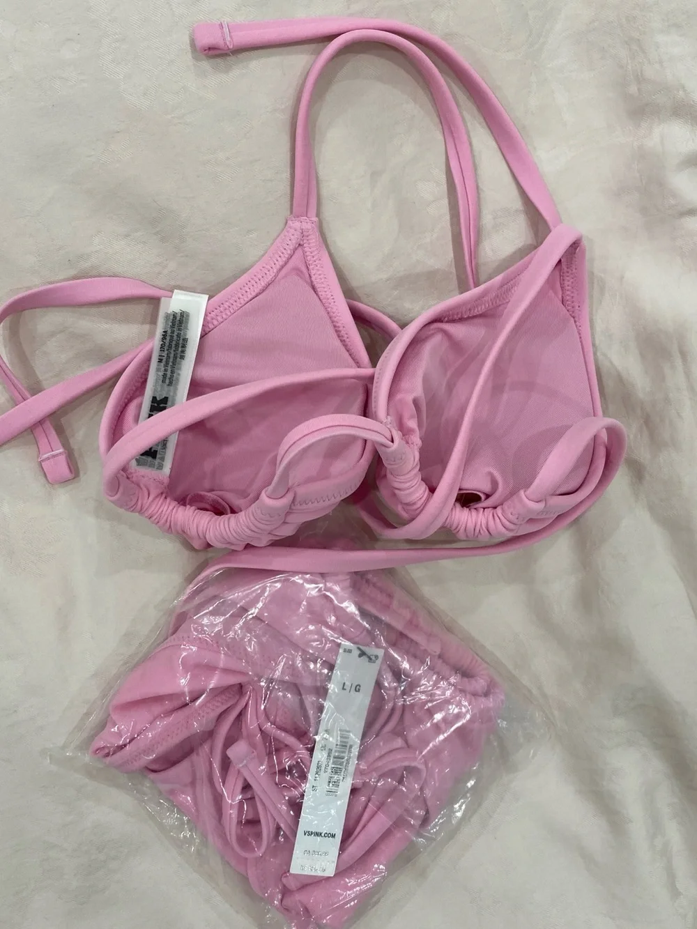 PINK Victoria's Secret Pink Rhinestone Logo Triangle Bikini Set NWT M L